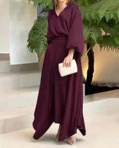 European And American Foreign Trade Women's Clothing New Loose Plus Size Solid Color Long-sleeved Top High Waist Long Skirt Suit - Wine Red - View 1