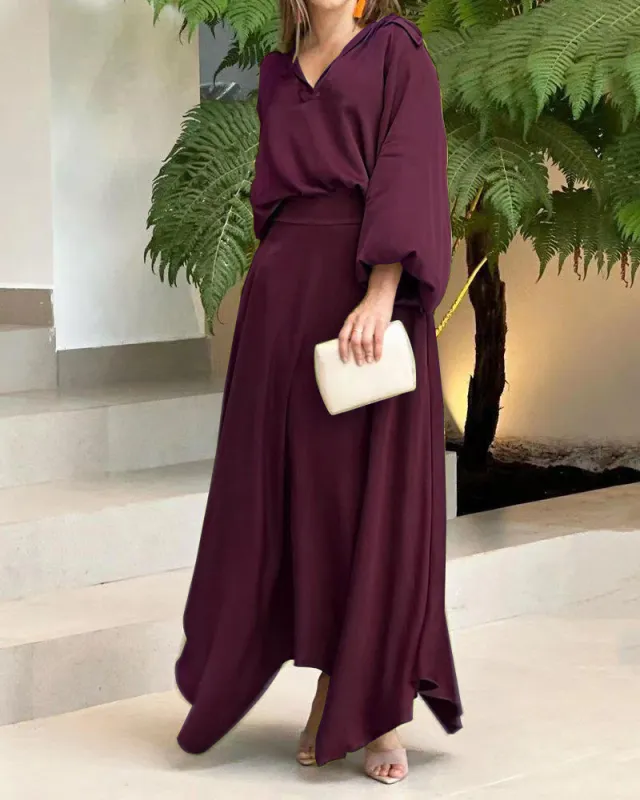 European And American Foreign Trade Women's Clothing New Loose Plus Size Solid Color Long sleeved Top High Waist Long Skirt Suit Wine Red - Shop at LoveMi