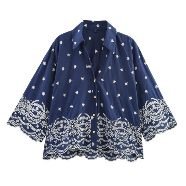 Retro Dots Embroidered Long Sleeve Shirt Top - Shop at LoveMi