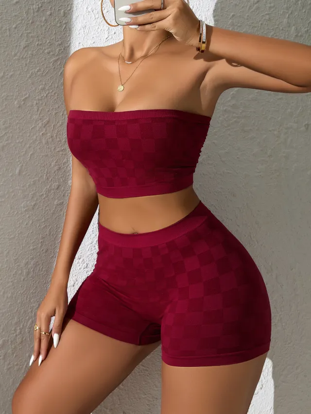Grid Word Wrap Bandeau And Boxer Shorts Set Dark Red - Shop at LoveMi