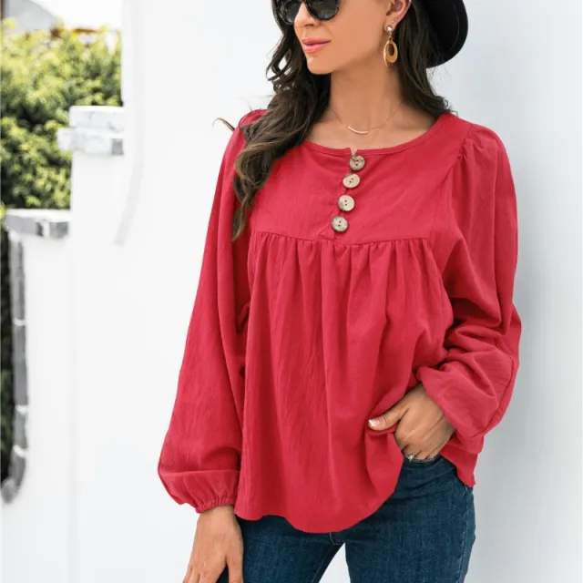 Autumn New Button Loose Top For Women Red - Shop at LoveMi