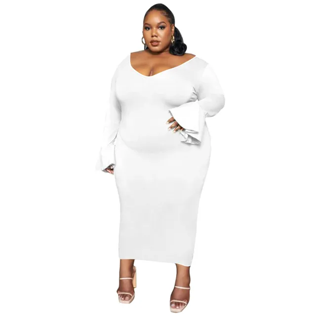 Fashionable And Sexy Plus Size Women's Solid Color Elegant V Neck Maxi Dress White - Shop at LoveMi