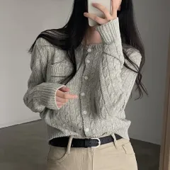Korean Ins Casual Hemp Pattern Long Sleeve Knitted Sweater Cardigan - Light Grey - View 1