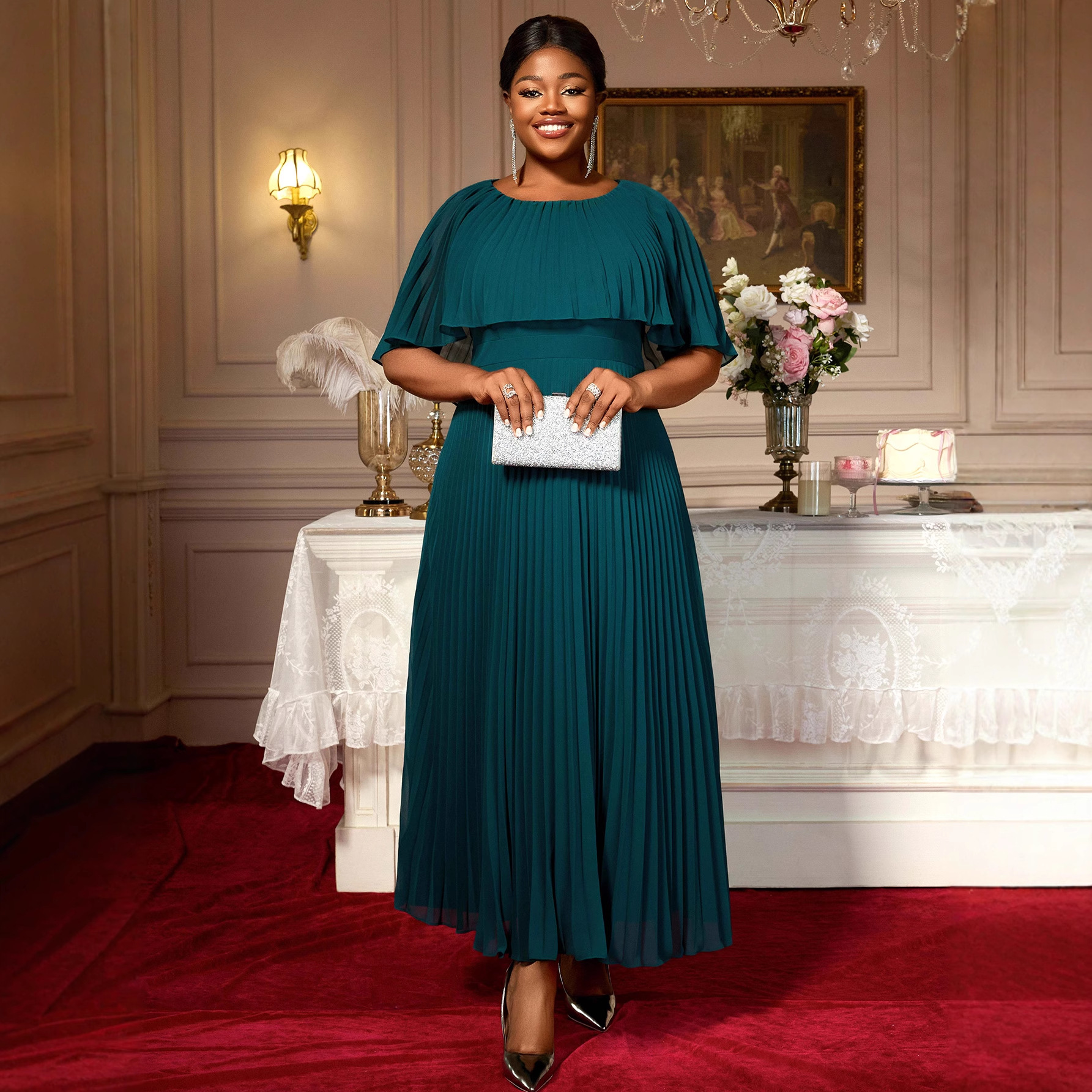 Chiffon Elegant Long Pleated Wedding Guest Dress