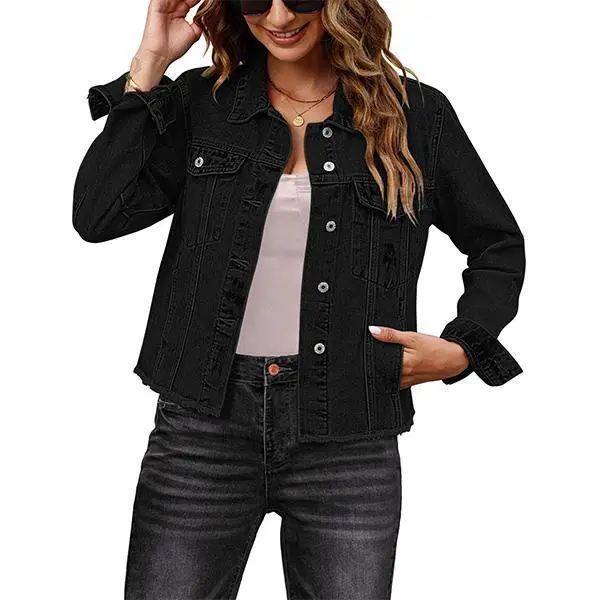Female Solid Color Casual Embossed Denim Jacket Button Top Trueblack - Shop at LoveMi
