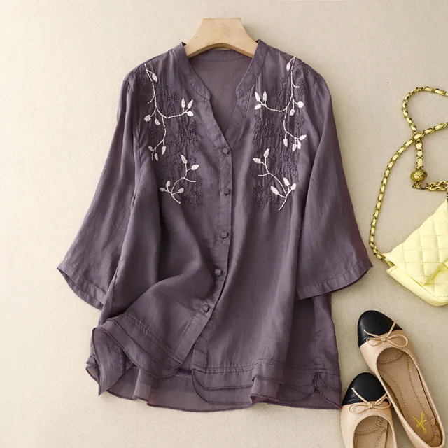 Artistic Retro Embroidery V neck Shirt Baita Leisure Pure Color Comfort Hong Top Purple - Shop at LoveMi
