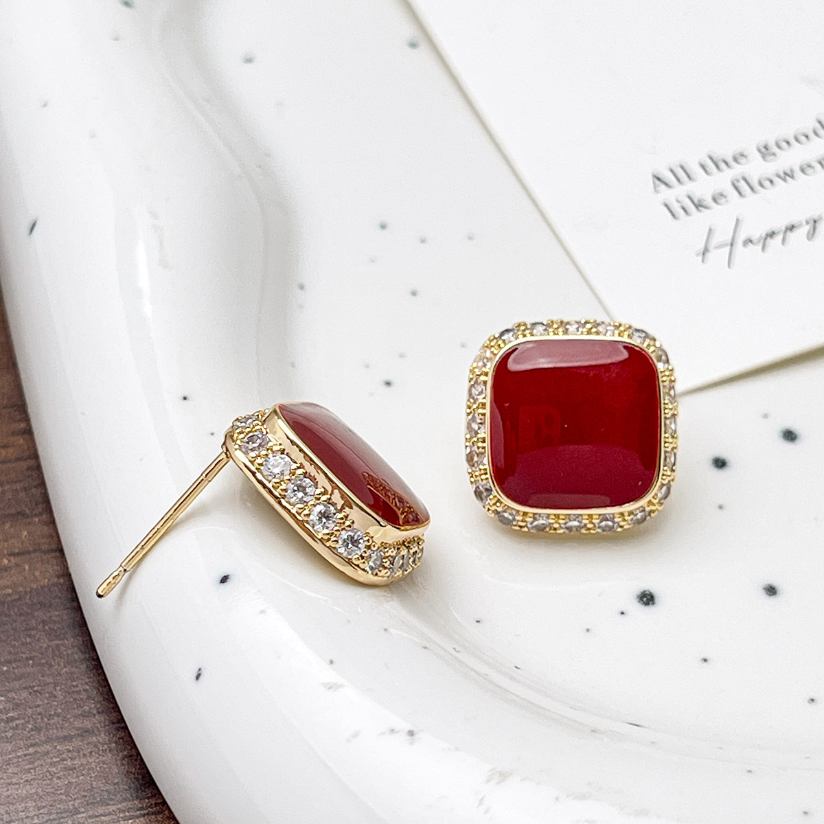 Retro Red Plate Temperament Inlaid Square Simple And Stylish Earrings