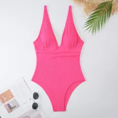Women's One-piece Solid Colour Lace-up Slim Fit One Piece Swimsuit - Dark Pink - View 1