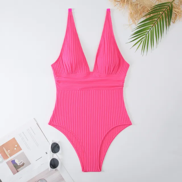 Women's One piece Solid Color Lace up Slim Fit One Piece Swimsuit Dark Pink - Shop at LoveMi