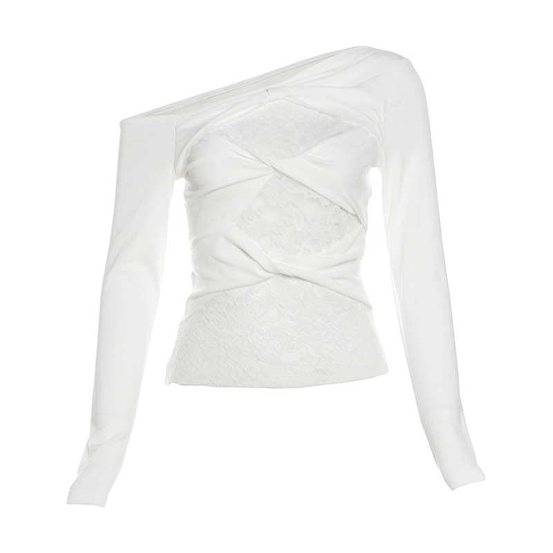 Women's Diagonal Collar Lace Simple Hollow Fashion All match Solid Color Top White - Shop at LoveMi