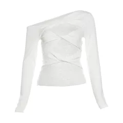 Women's Diagonal Collar Lace Simple Hollow Fashion All-match Solid Colour Top - White - View 1