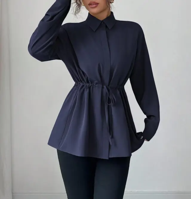Solid Color Casual Women's Long sleeved Shirt Navy Blue - Shop at LoveMi