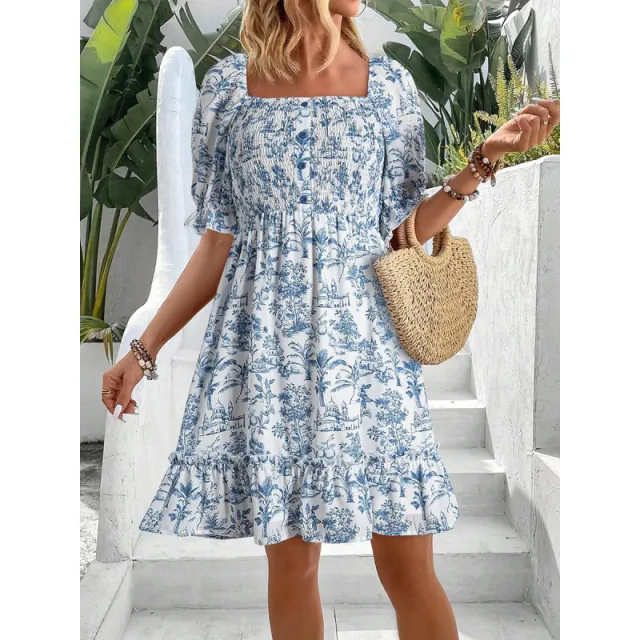 Women's Puff Sleeve Printed Backless Dress Blue - Shop at LoveMi