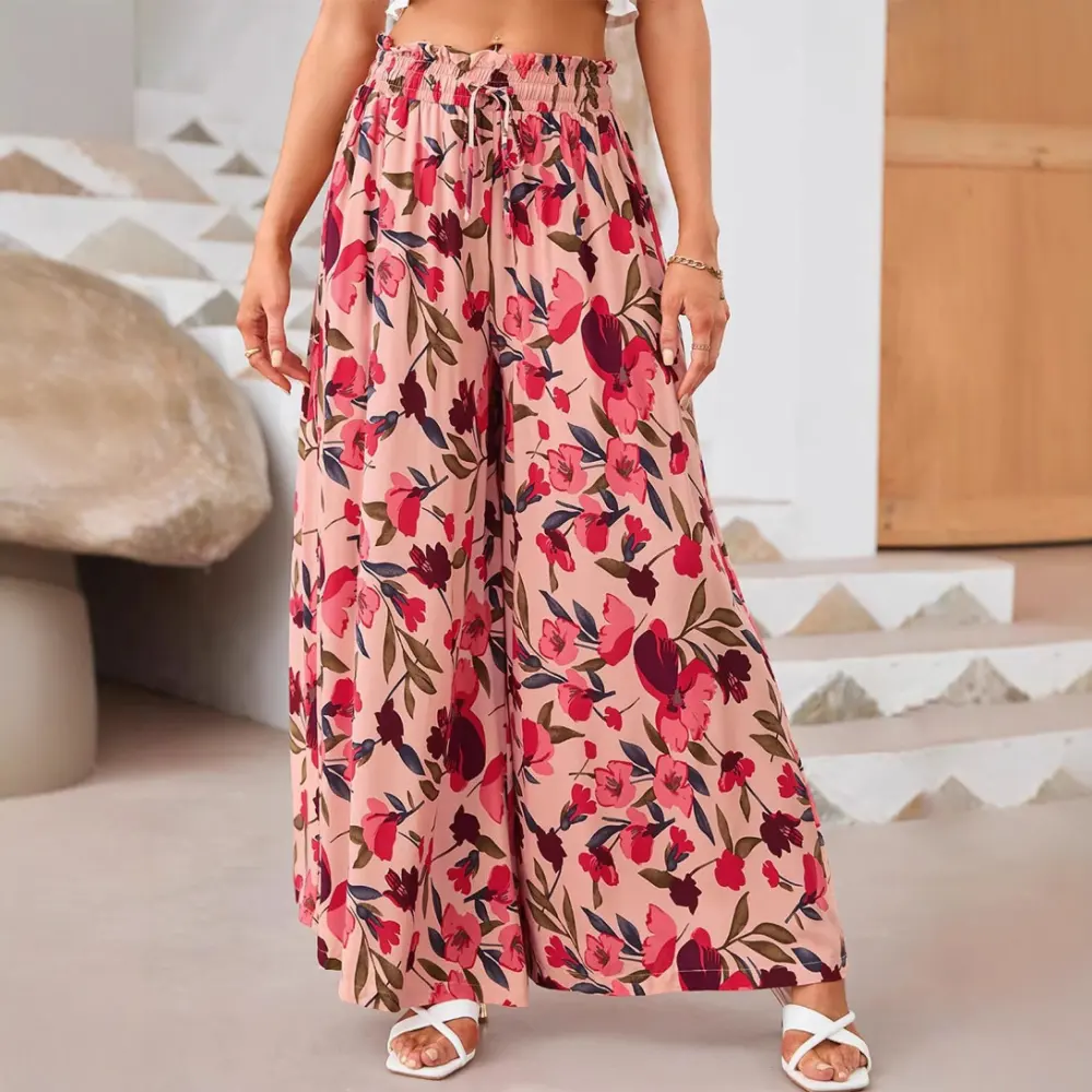 Flowers Printed Wide-leg Trousers Summer Casual Straight Pnats