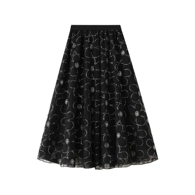 Women's Lace Skirt Sequin Large Flower A Line Skirt Black - Shop at LoveMi