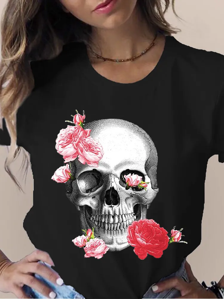 Women's Skull Flower Printed Round Neck Short Sleeve T-shirt - Black 3747