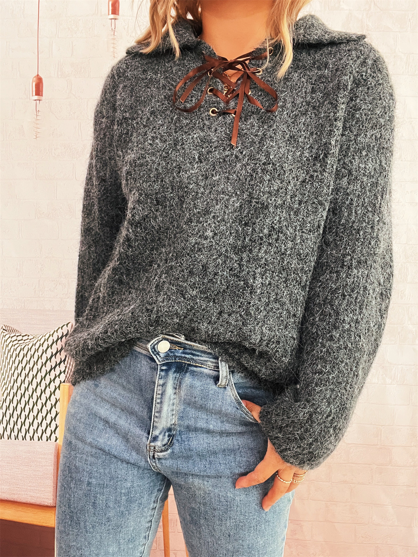 Simple Commute Lapel Tied Knitted Pullover Solid Color Loose Sweater