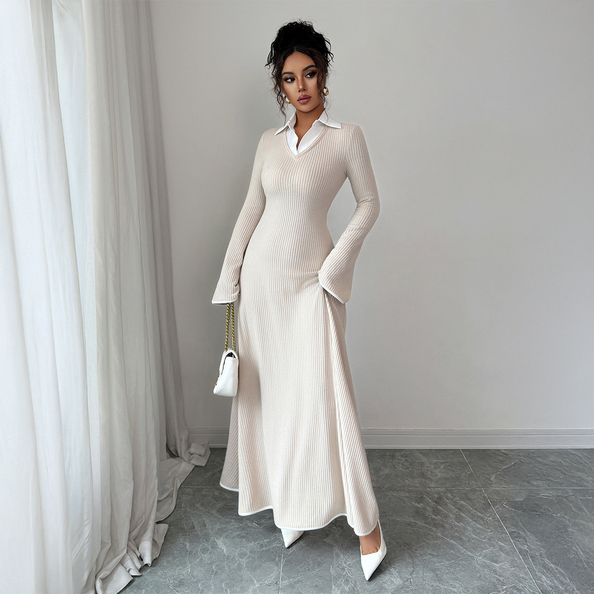 Simple And Stylish Solid Color Long Sleeve Dress For Women Apricot - Shop at LoveMi