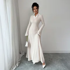 Simple And Stylish Solid Color Long Sleeve Dress For Women - Apricot - View 1