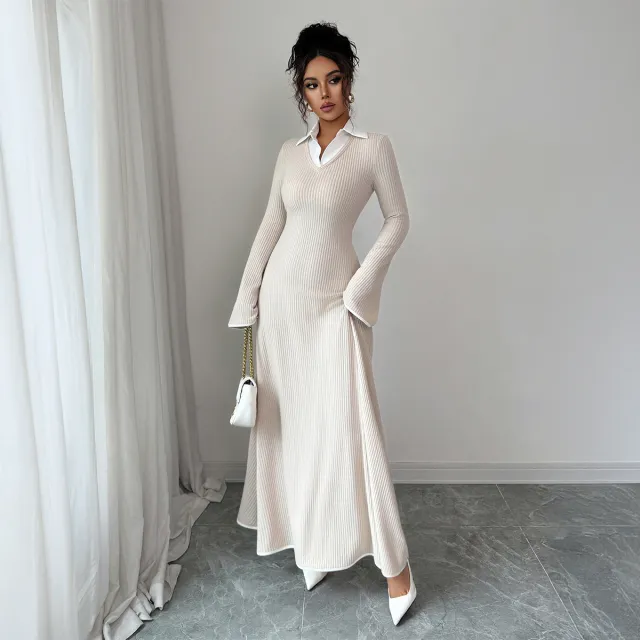 Simple And Stylish Solid Color Long Sleeve Dress For Women Apricot - Shop at LoveMi