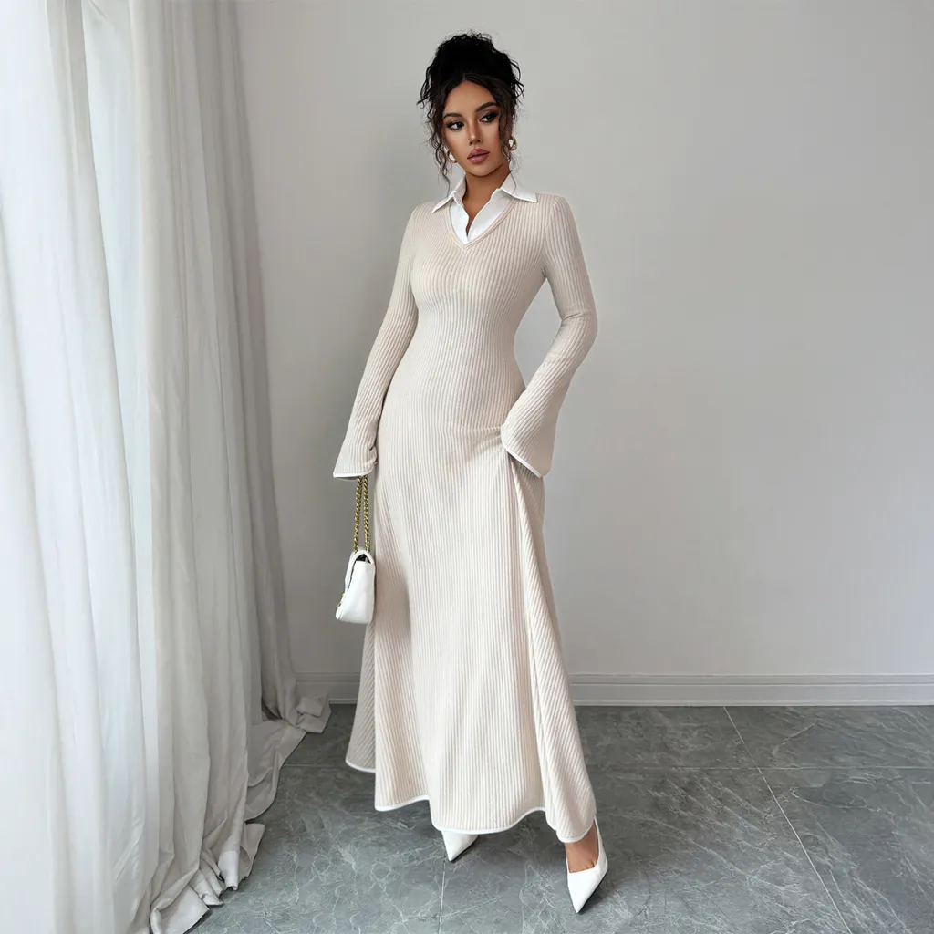 Simple And Stylish Solid Color Long Sleeve Dress For Women - Apricot