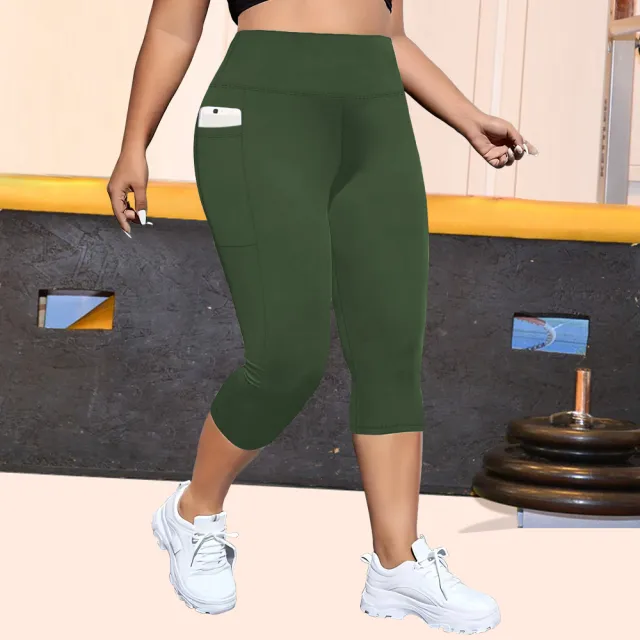 Pocket Plus Size Cropped Yoga Pants Tight Army Green - Shop at LoveMi