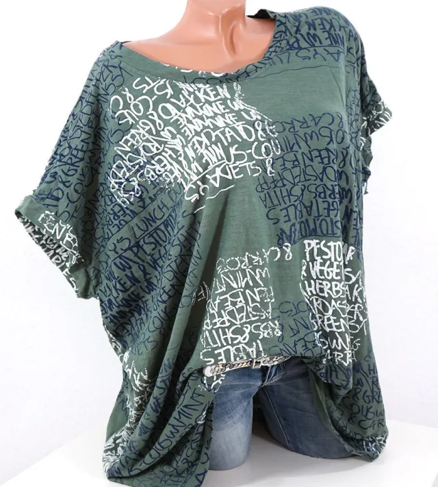 Loose Letter Print T shirt Casual Plus Size Top Women Green - Shop at LoveMi