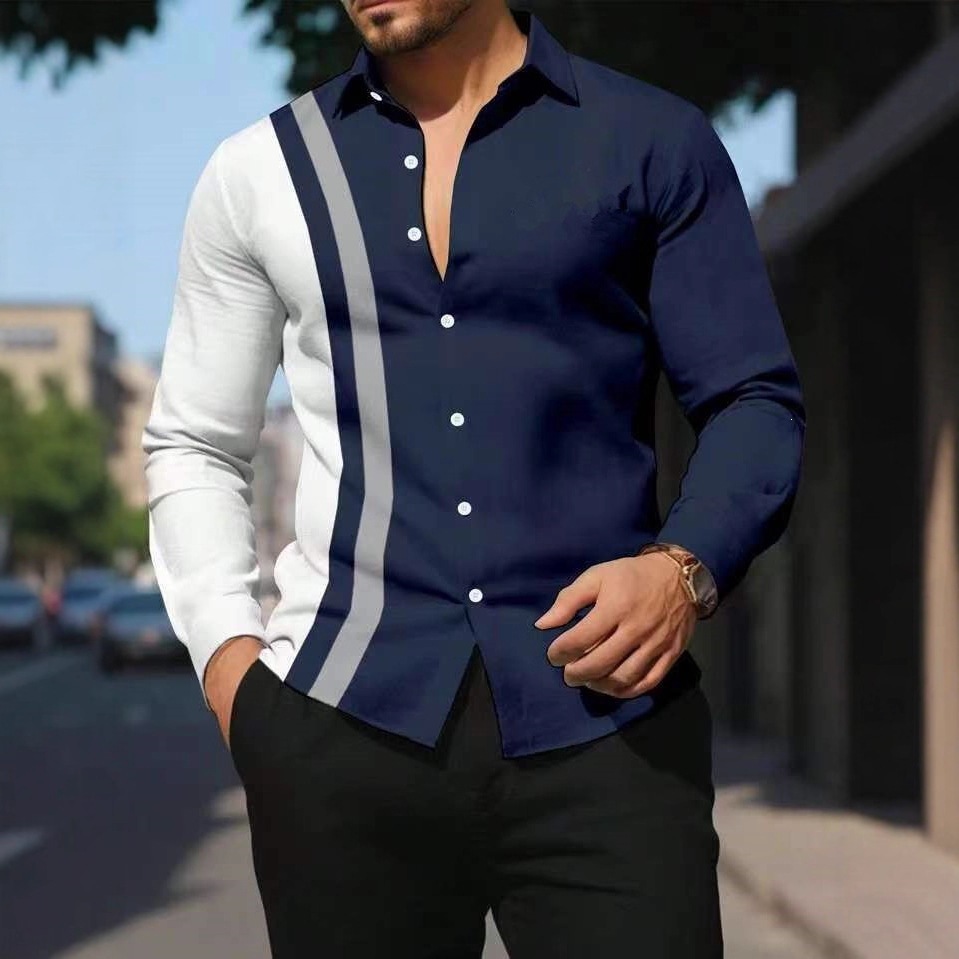 Color-block Lapel Long-sleeve Shirt For Men