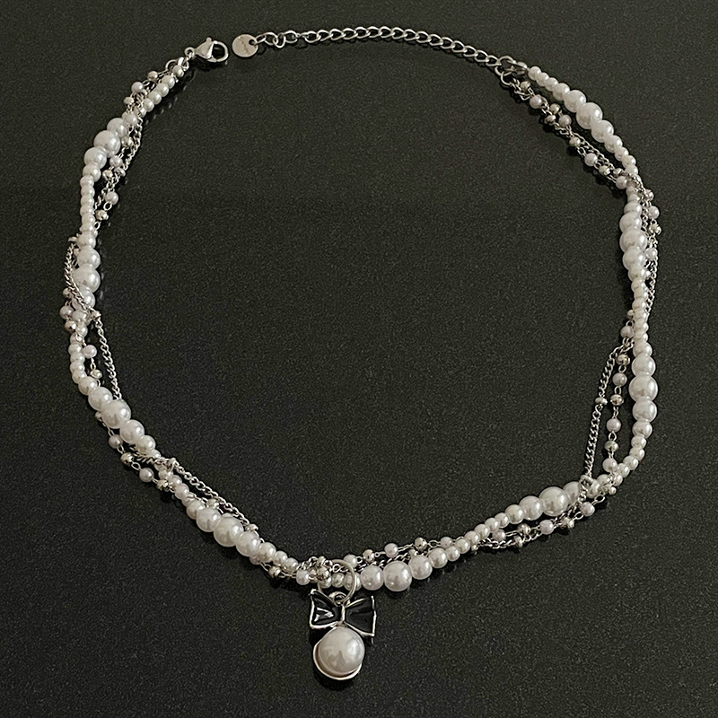 Bow Stitching Pearl Double-layer Winding Necklace Female Special Interest Light Luxury Y2g Hot Girl Sweet Cool Clavicle Chain Ornament