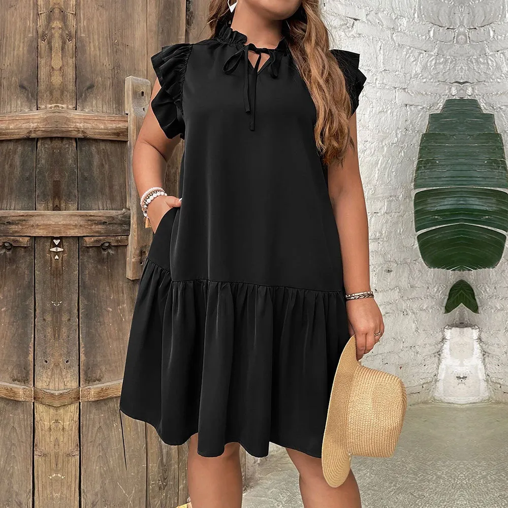 Casual Lotus Collar Lace-up Vacation Style Dress - Black