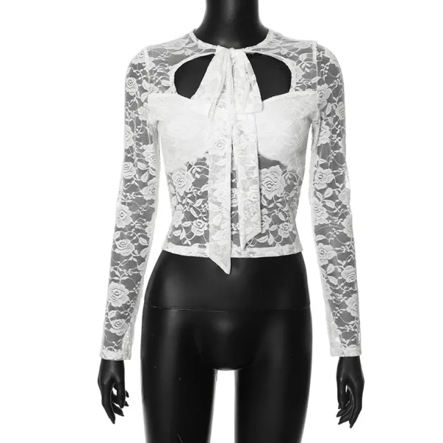 Solid Color Lace Long Sleeve Tied Hollow Top White - Shop at LoveMi