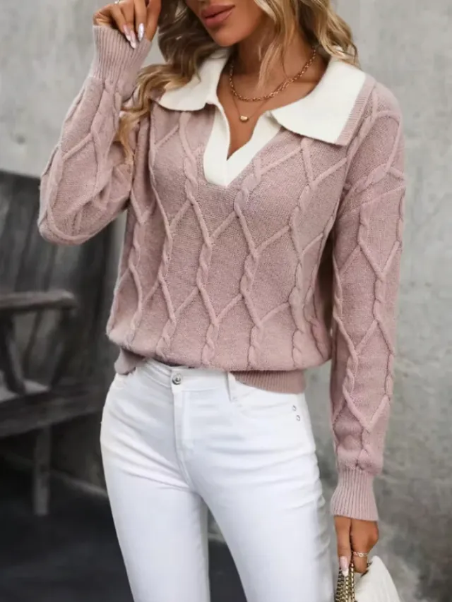 Women's Lapel Long Sleeve Contrast Color Knitted Sweater Pink - Shop at LoveMi