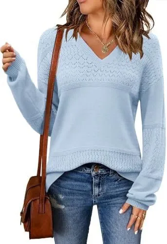 V neck Hollow out Pullover Knitted Rib Sweater Solid Color Blue - Shop at LoveMi