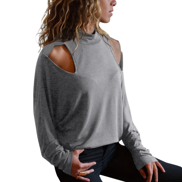 Loose Fit T Shirt With A Mock Turtleneck And Long Sleeves Light Gray - Shop at LoveMi