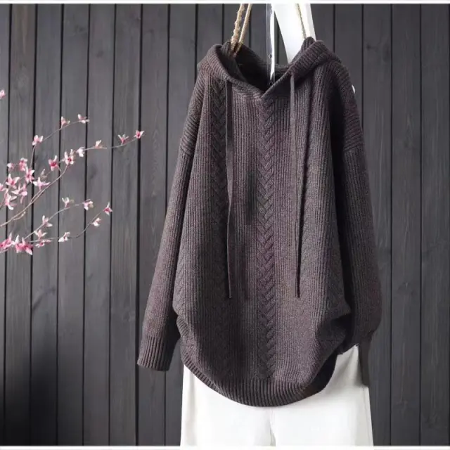Solid Color Hooded Lacing Mid length Knitwear Sweater Brown - Shop at LoveMi