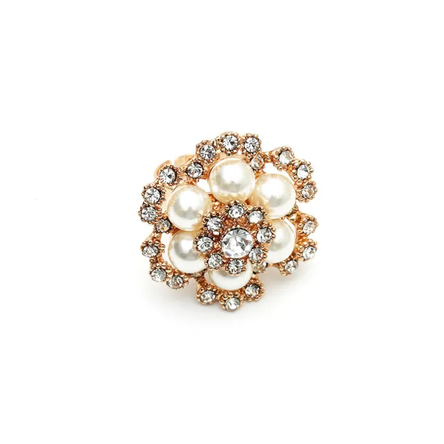 Simple Retro Fashion Refined Rhinestone Pearl Flower Ring White Kc Gold - Shop at LoveMi