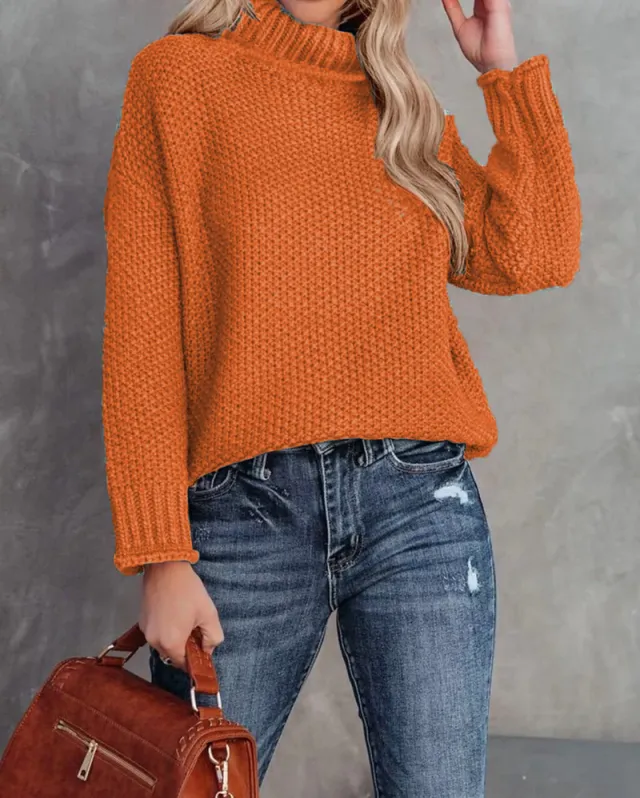 Women's High neck Long sleeve Rolled edge Knit Sweater Orange - Shop at LoveMi