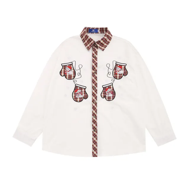 Christmas Embroidered Long Sleeve Shirt Paste Cloth Embroidery Contrast Color Lapels Loose Top White - Shop at LoveMi