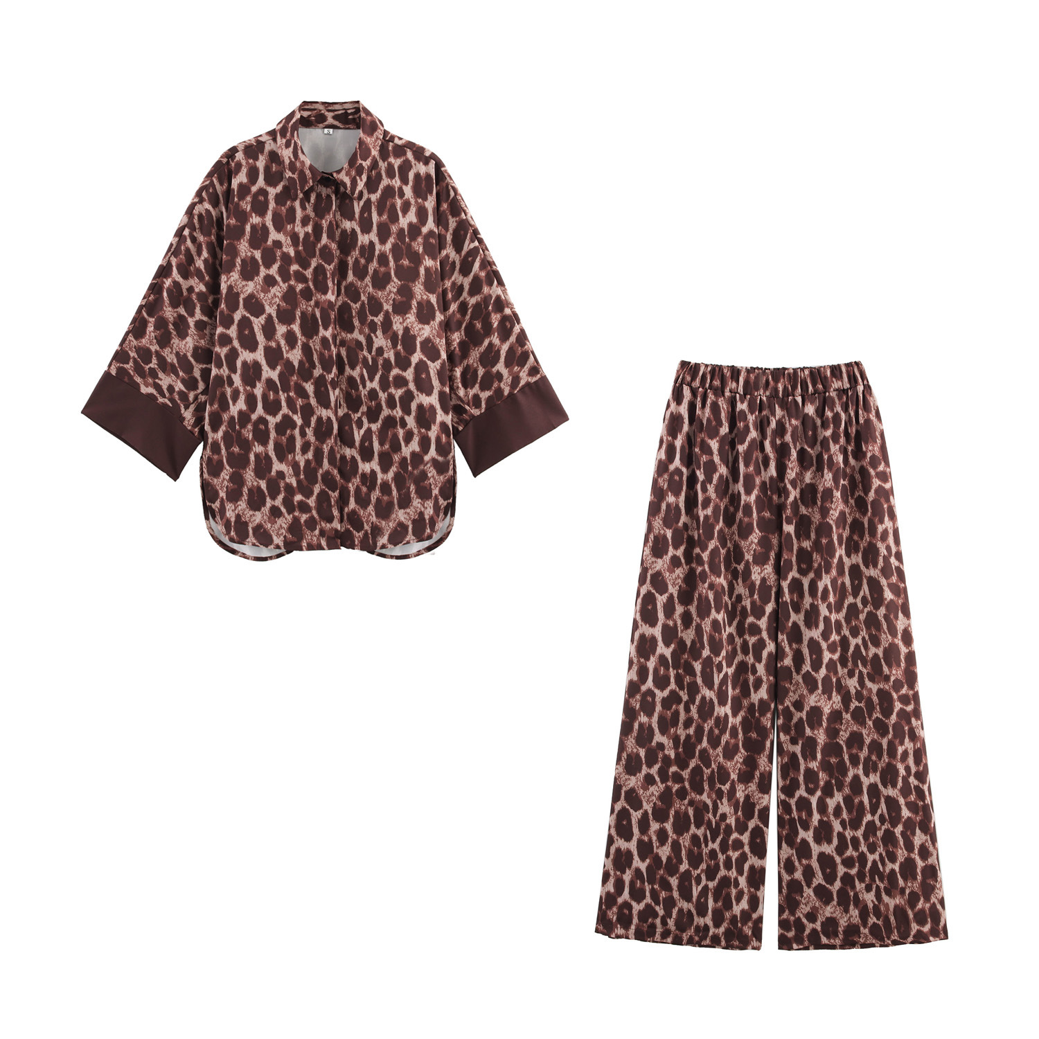 Classic Leopard Pattern Printed Loose Outfit Shirt And Trousers Two piece Set Light Brown - Shop at LoveMi