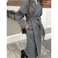 Loose Temperament Minimalist Lace-up Thick Wool Commuter's All-matching Coat - Gray - View 1
