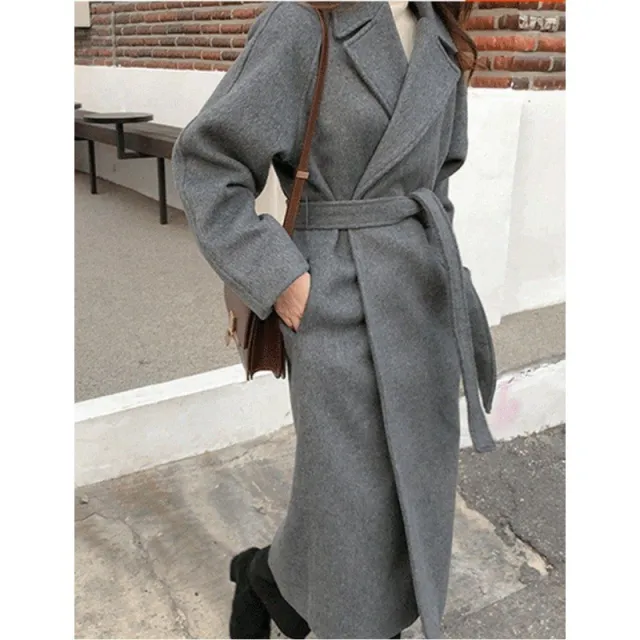 Loose Temperament Minimalist Lace up Thick Wool Commuter's All matching Coat Gray - Shop at LoveMi