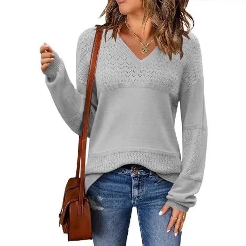 V neck Hollow out Pullover Knitted Rib Sweater Solid Color Gray - Shop at LoveMi