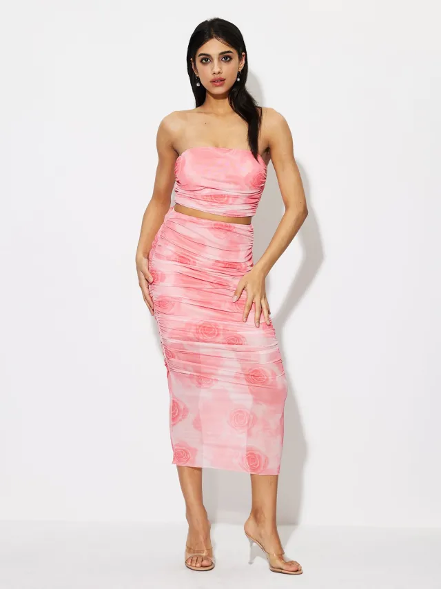 Women's Tie dye Tube Top Printed Vest Skirt Suit Pink - Shop at LoveMi