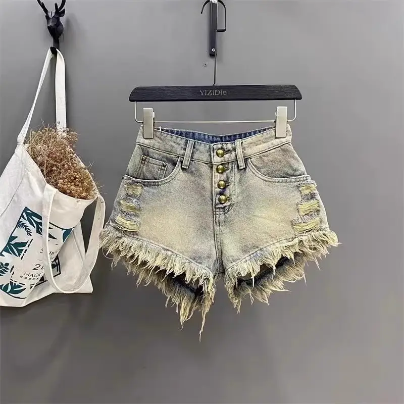 American-style Vintage Distressed Ripped High-end Tassel Frayed Hem A-line Ultra-short Shorts