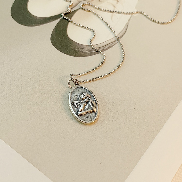 S925 Sterling Silver Custom Thai Silver Necklace Vintage Distressed Round Beads Oval Tag Angel Baby Personalized Clavicle Chain