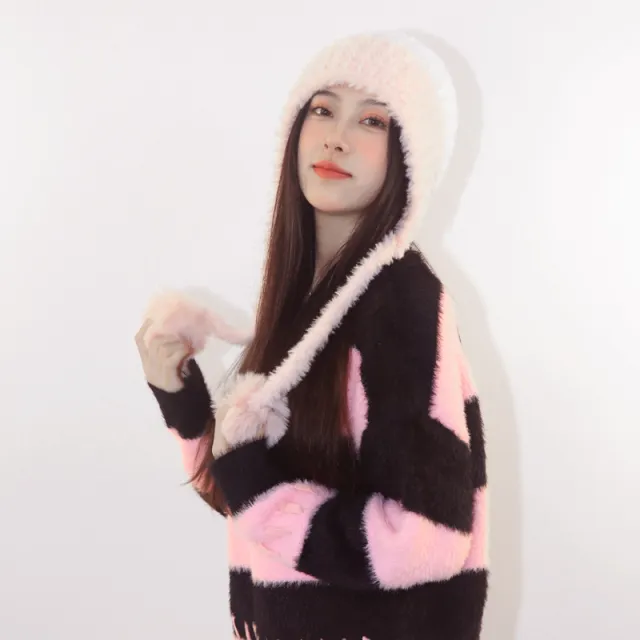 Fleece lined Thickened Knitting Hanging Ball Woolen Cap Warm Ear Protection Knitted Hat Pink White - Shop at LoveMi
