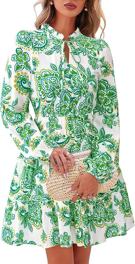 Elegant V neck Flower Lace up Long Sleeve Dress Green - Shop at LoveMi