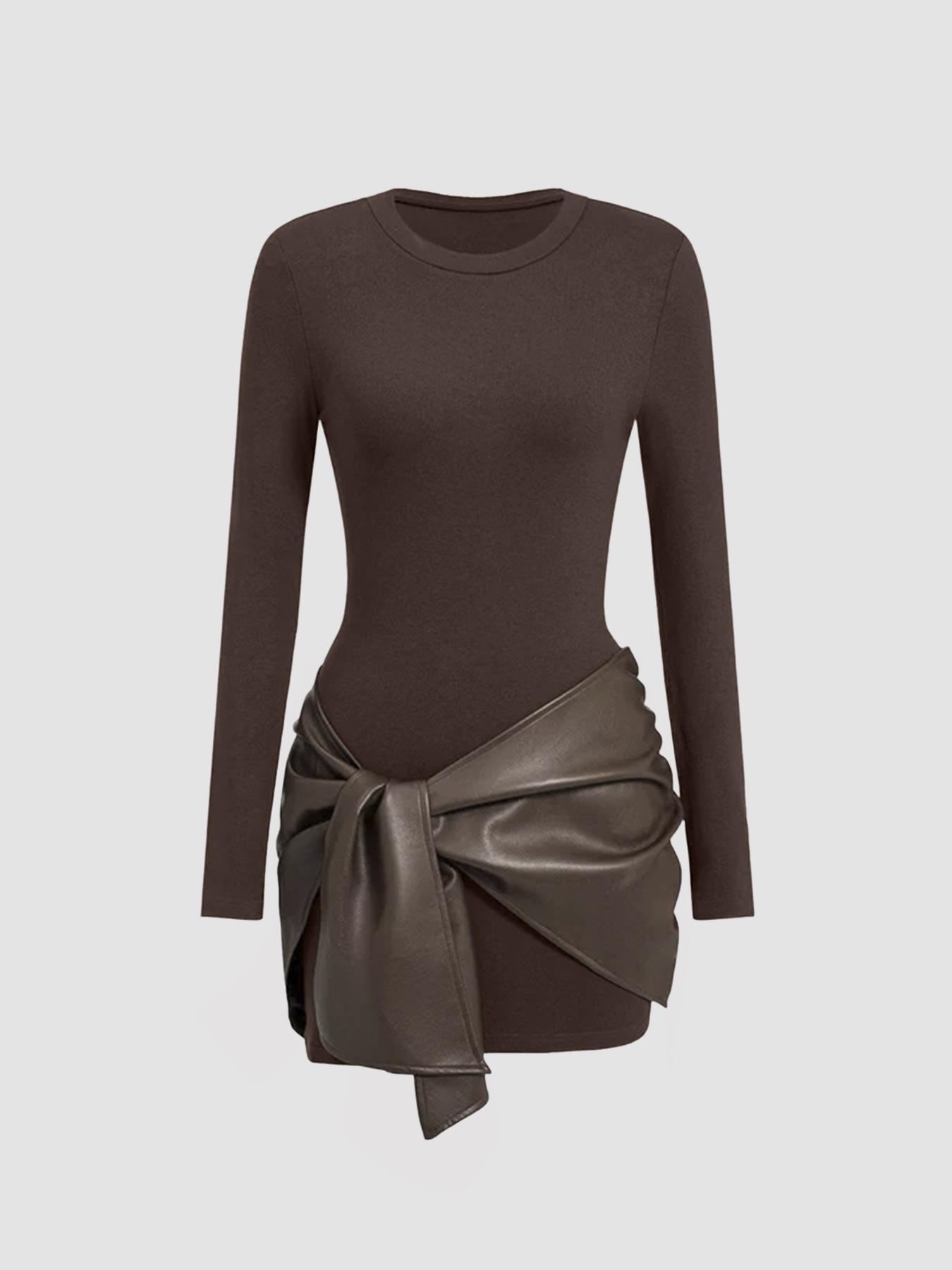 Solid Color PU Ribbon Elegant Slim Waist Sheath Dress Brown - Shop at LoveMi
