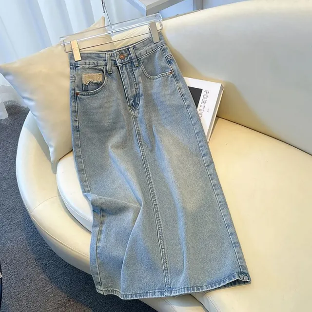 Mid length High Waist Slimming Slit A Line Sheath Skirt Retro Light Blue - Shop at LoveMi