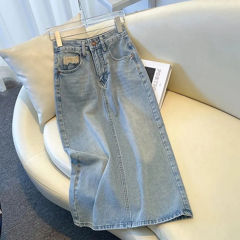 Mid-length High Waist Slimming Slit A- Line Sheath Skirt - Blue
